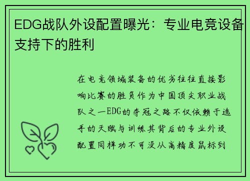 EDG战队外设配置曝光：专业电竞设备支持下的胜利