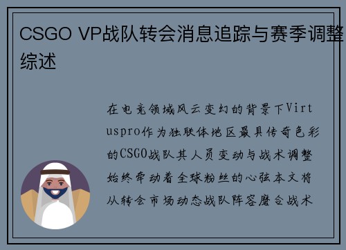 CSGO VP战队转会消息追踪与赛季调整综述